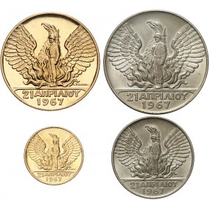 Constantin II (1964-1973). Série de 4 monnaies, 50 et 10 drachmes argent, 20 et 100 drachmes Or, Coup d’état du 21 avril 1967 ND (1970).