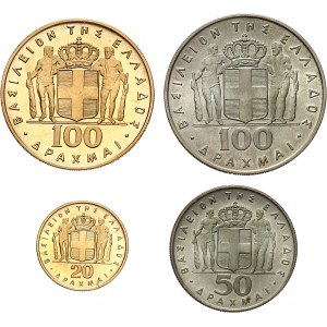 Constantin II (1964-1973). Série de 4 monnaies, 50 et 10 drachmes argent, 20 et 100 drachmes Or, Coup d’état du 21 avril 1967 ND (1970).