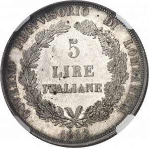 Lombardie, Gouvernement provisoire de (1848). 5 lire, rameaux courts 1848, M, Milan.
