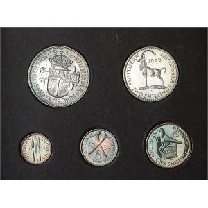 Georges V (1910-1936). Coffret de 5 monnaies de 1/2 couronne, 2 shillings, 1 shilling, 6 pence et 3 pence sur Flans brunis (PROOF SET) 1932.