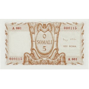 Territoire sous tutelle italienne (1950-1960). Billet de 5 somali 1951, Rome.