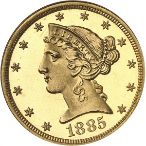 République fédérale des États-Unis d’Amérique (1776-ŕ nos jours). 5 dollars Liberty, Flan bruni (PROOF) 1885, Philadelphie.