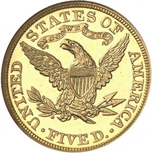 République fédérale des États-Unis d’Amérique (1776-ŕ nos jours). 5 dollars Liberty, Flan bruni (PROOF) 1885, Philadelphie.