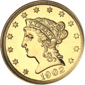 République fédérale des États-Unis d’Amérique (1776-ŕ nos jours). 2,5 dollars Liberty, Flan bruni (PROOF) 1902, Philadelphie.