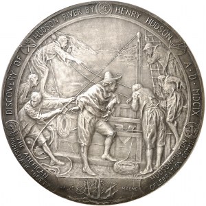 République fédérale des États-Unis d’Amérique (1776-ŕ nos jours). Médaille, célébration du 300e anniversaire de la découverte de la rivičre Hudson et 100e anniversaire de la navigation ŕ vapeur, par Émile Fuchs 1909, New York (Whitehead et Hoag).