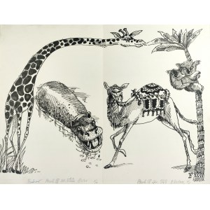 FLISAK Jerzy (1930-2008), [drawing, 1980s] [Giraffe, hippo, camel and koala].