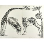 FLISAK Jerzy (1930-2008), [rysunek, lata 1980-te] [Żyrafa, hipopotam, wielbłąd i koala]
