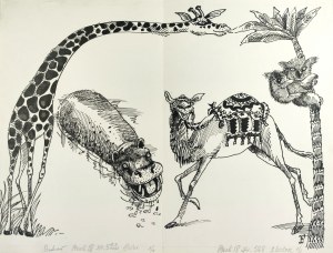 FLISAK Jerzy (1930-2008), [rysunek, lata 1980-te] [Żyrafa, hipopotam, wielbłąd i koala]