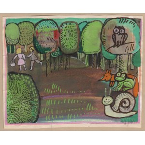 ŁUSZCZKIEWICZ-JASTRZĘBSKA Maria (ur. 1929), [rysunek, lata 1980] [dzieci i zwierzęta w lesie]