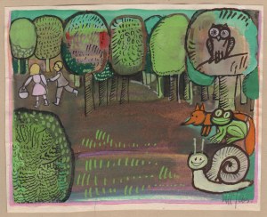 ŁUSZCZKIEWICZ-JASTRZĘBSKA Maria (ur. 1929), [rysunek, lata 1980] [dzieci i zwierzęta w lesie]