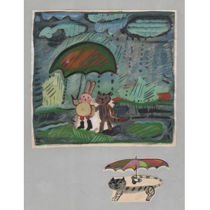ŁUSZCZKIEWICZ-JASTRZĘBSKA Maria (nar. 1929), [kresba, 80. roky 20. storočia] [zajac a mačka pod dáždnikom].