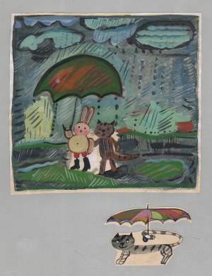 ŁUSZCZKIEWICZ-JASTRZĘBSKA Maria (ur. 1929), [rysunek, lata 1980] [króliczek i kotek pod parasolem]