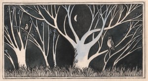 MICHAŁOWSKA Krystyna (ur. 1943), [rysunek, 1978] [noc w lesie, sowa]