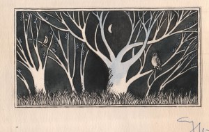 MICHAŁOWSKA Krystyna (ur. 1943), [rysunek, 1978] [noc w lesie, sowa]