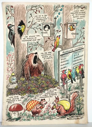 MIKLASZEWSKI Gwidon (1912-1999), [rysunek, lata 1980-te] [Leśne rozmowy] [Nie ma to jak cieplutkie mieszkanko na zimę!]