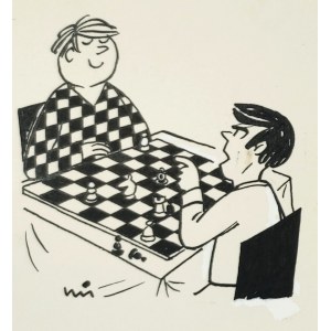 MIKLASZEWSKI Gwidon (1912-1999), [Zeichnung, 1980er Jahre] Ich spiele nicht mit dir, bis du dein Hemd gewechselt hast! [Schachspieler]