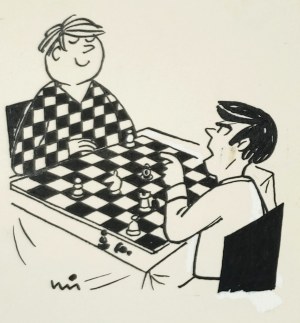 MIKLASZEWSKI Gwidon (1912-1999), [rysunek, lata 1980-te] Nie będę z tobą grał póki nie zmienisz koszuli! [Szachiści]