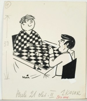 MIKLASZEWSKI Gwidon (1912-1999), [rysunek, lata 1980-te] Nie będę z tobą grał póki nie zmienisz koszuli! [Szachiści]
