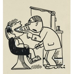 MIKLASZEWSKI Gwidon (1912-1999), [Zeichnung, 1980er Jahre] Mach den Mund nicht zu wie beim letzten Mal! [Zahnarzt]