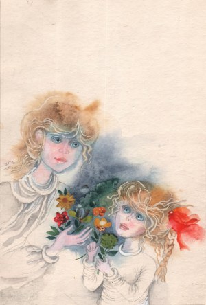 SALAMON Ewa (1938-2011), [rysunek, 1985] [Matka i córka z kwiatami]