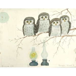 WOŹNIAK Przemysław, [rysunek, 1986] [Cztery sowy]