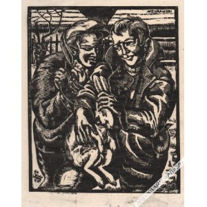 ŻURAWSKI Władysław (1888-1963), [Holzschnitt, vor 1939] ohne Titel [zwei Jungen mit einem Hasen].