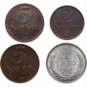 Latvia 1 lats 1924; 5 santimi 1922; 2 santimi 1922 (4)