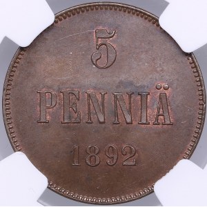 Russia, Finland 5 pennia 1892 - NGC MS 64 BN