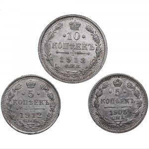Russia 10 kopecks 1913 & 5 kopecks 1905, 1912 (3)