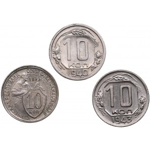 Russia - USSR 10 kopecks 1933, 1940, 1943 (3)