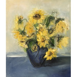 Ewa Brzeska, Sunflowers in a blue vase, 2013