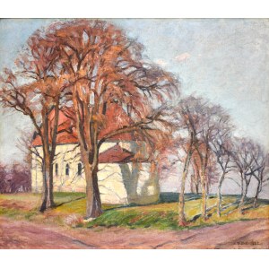 Karol BISKE (1863-1928), Pejzaż jesienny z wiejskim kościółkiem, 1925