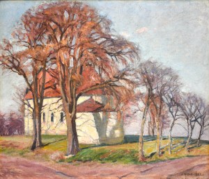 Karol BISKE (1863-1928), Pejzaż jesienny z wiejskim kościółkiem, 1925