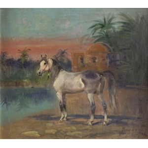 Jerzy Kossak (1886 – 1955), Siwy koń na tle oazy