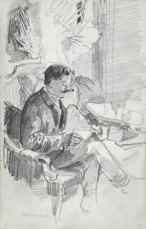Stanisław Kaczor – Batowski (1866-1946), Artysta przy szkicowniku we wnętrzu – Karol Wawrosz rysujący
