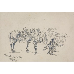 Tadeusz Rybkowski (1848-1926), Konie przy wozie, 1884