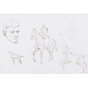 Karol Kossak (1895-1975), Szkice jeźdźca na koniu, koni, głowy młodego mężczyzny i psa, 1922