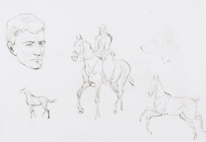 Karol Kossak (1895-1975), Szkice jeźdźca na koniu, koni, głowy młodego mężczyzny i psa, 1922