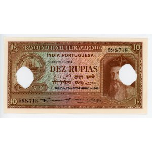 Portuguese India 10 Rupias 1945 Cancelled Note