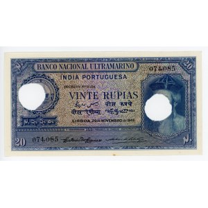 Portuguese India 20 Rupias 1945 Cancelled Note