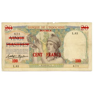 New Caledonia 100 Francs on 20 Piastres 1939 (ND) Overprint