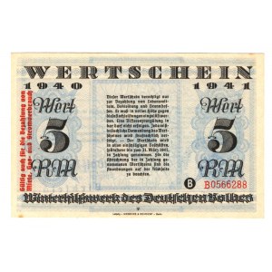 Germany - Third Reich Winterhelp 5 Reichsmark 1940 -1941 With Red Text