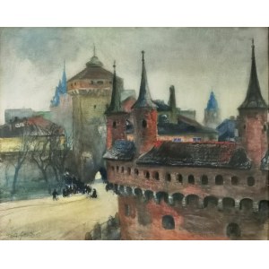 Teodor GROTT (1884-1972), Barbakan i Brama Floriańska - Widok z pracowni Akademii Sztuk Pięknych w Krakowie, 1911