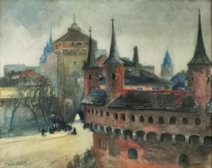 Teodor GROTT (1884-1972), Barbakan i Brama Floriańska - Widok z pracowni Akademii Sztuk Pięknych w Krakowie, 1911