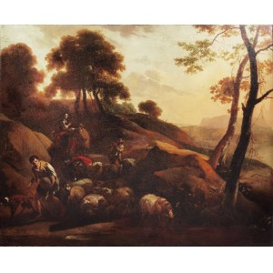 MALARZ NIEOKREŚLONY, XIX w., Pastuszkowie z owcami - scena rodzajowa