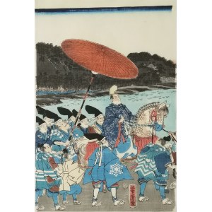 Yoshitora UTAGAWA (tätig ca. 1850-1880), Rückkehr der Ashikagawa-Yorimitsu-Truppen - Teil eines Triptychons