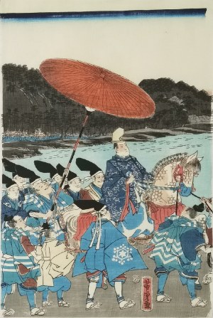 Yoshitora UTAGAWA (czynny ok. 1850-1880), Powrót wojsk Ashikagawy Yorimitsu - część tryptyku