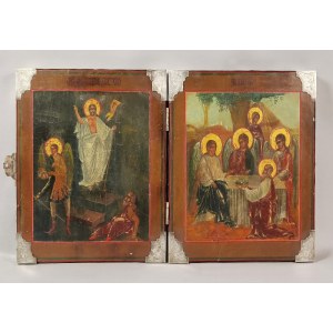 Travel icon - diptych: Resurrection and Old Testament Trinity.