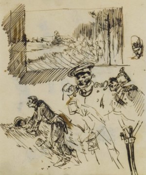Stanisław KAMOCKI (1875-1944),, Szkice żołnierza rosyjskiego w okopie, popiersie oficera rosyjskiego i żołnierza, szkic kompozycji batalistycznej, 1894(?)