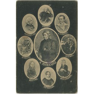 [pocztówka patriotyczna] A. Mickiewicz, Krasiński, J. Słowacki, Lelewel, Orzeszkowa, Hoffmanowa, Deotyma, Staszyc, Wincenty Pol [1909]